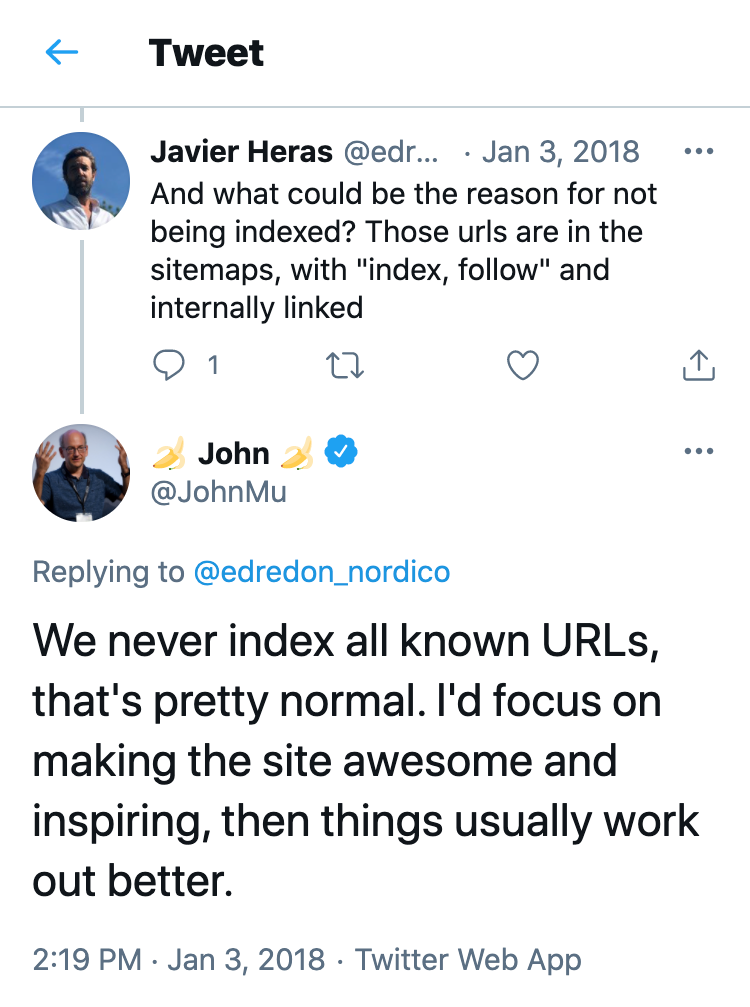 Zeigt eine Tweet-Antwort von John Mueller auf eine Frage von Javier Heras. 