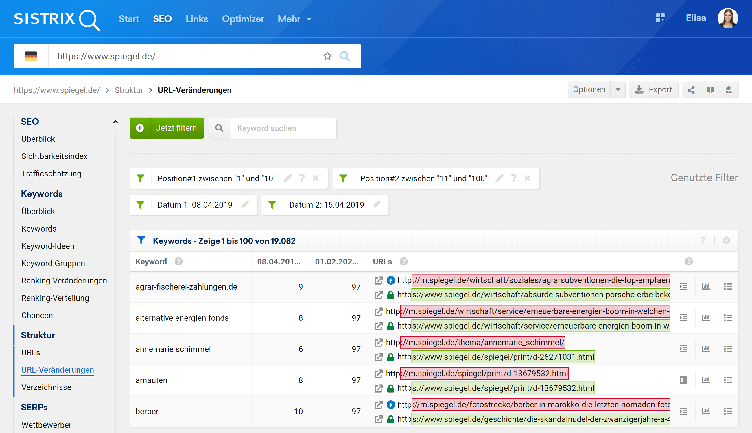 Ansicht der URL-Veränderungen in der SISTRIX Toolbox für die Filter "Position#1 zwischen 1 und 10", "Position#2 zwischen 11 und 100" für die beiden Datenpunkte vom 08.01.2019 und den 15.04.2019.