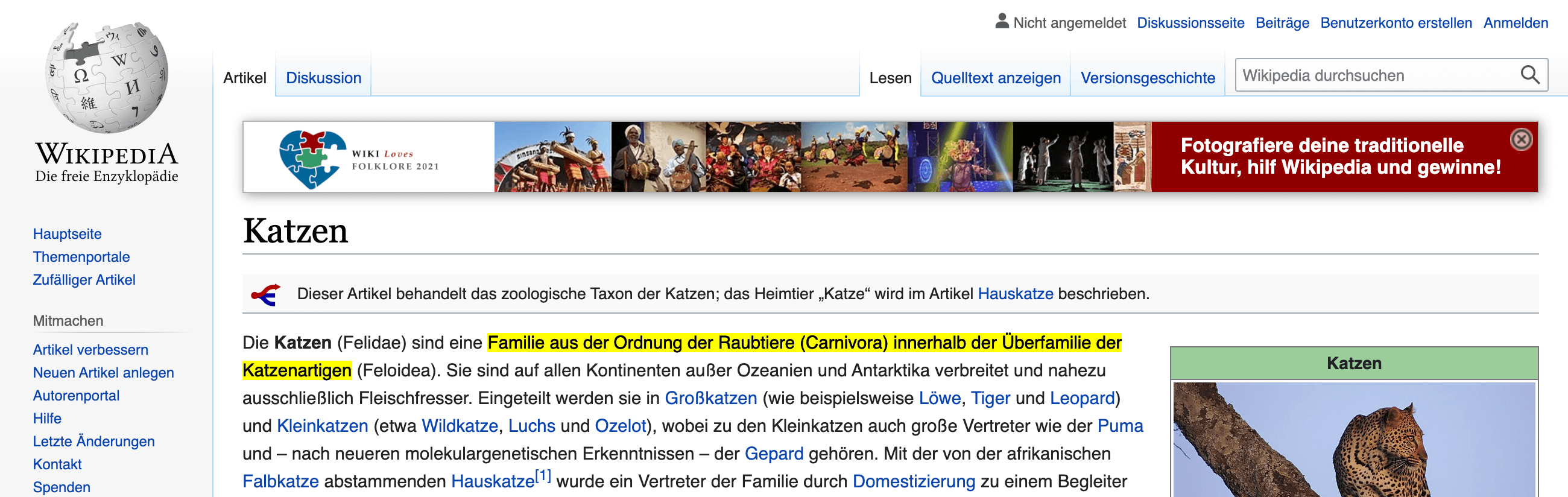 Zeigt einen farblich markierten Satz in dem Wikipedia-Artikel über Katzen.