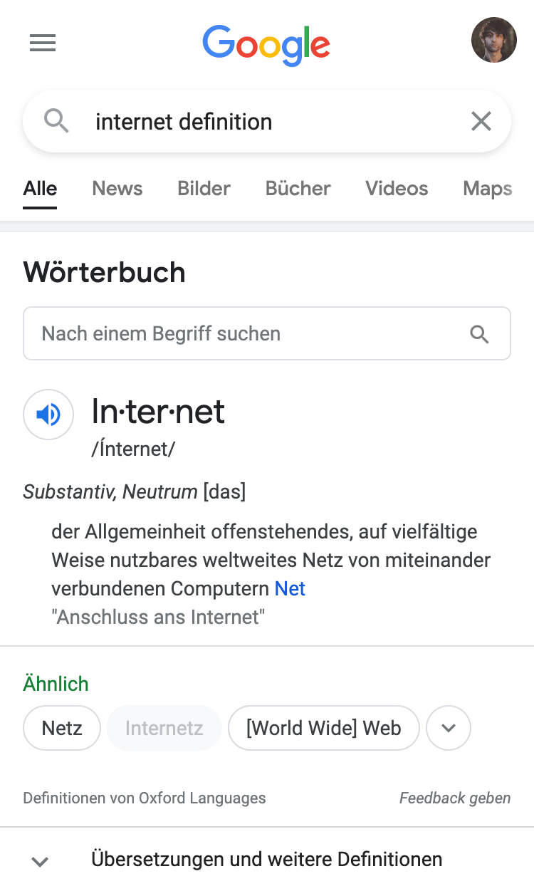 Suchergebnisseite für das Keyword "internet definition". Zeigt eine Wörterbuch-Definition an.