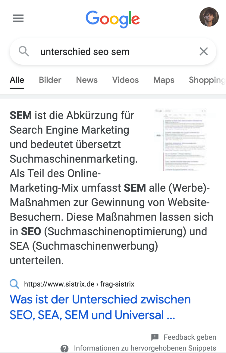 Suchergebnisseite für das Keyword "unterschied seo sem". Zeigt ein Featured Snippet an.