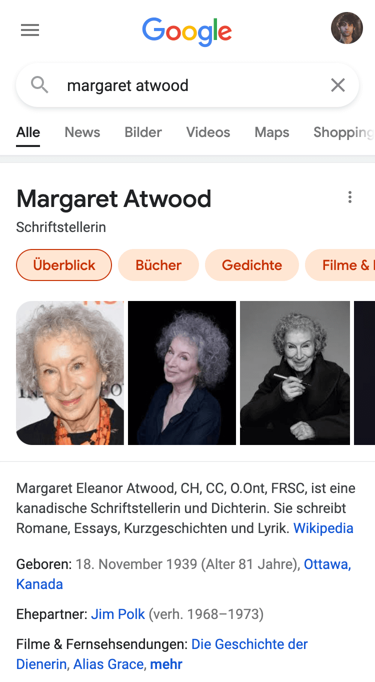 Suchergebnisseite für das Keyword "Margaret Atwood". Zeigt detaillierte Informationen über die Schriftstellerin an.