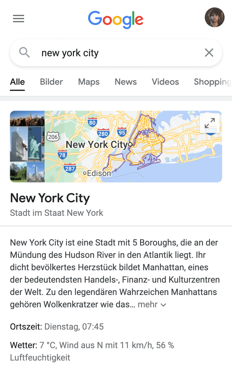 Suchergebnisseite für das Keyword "new york city". Zeigt ein Google Maps-Ergebnis an.