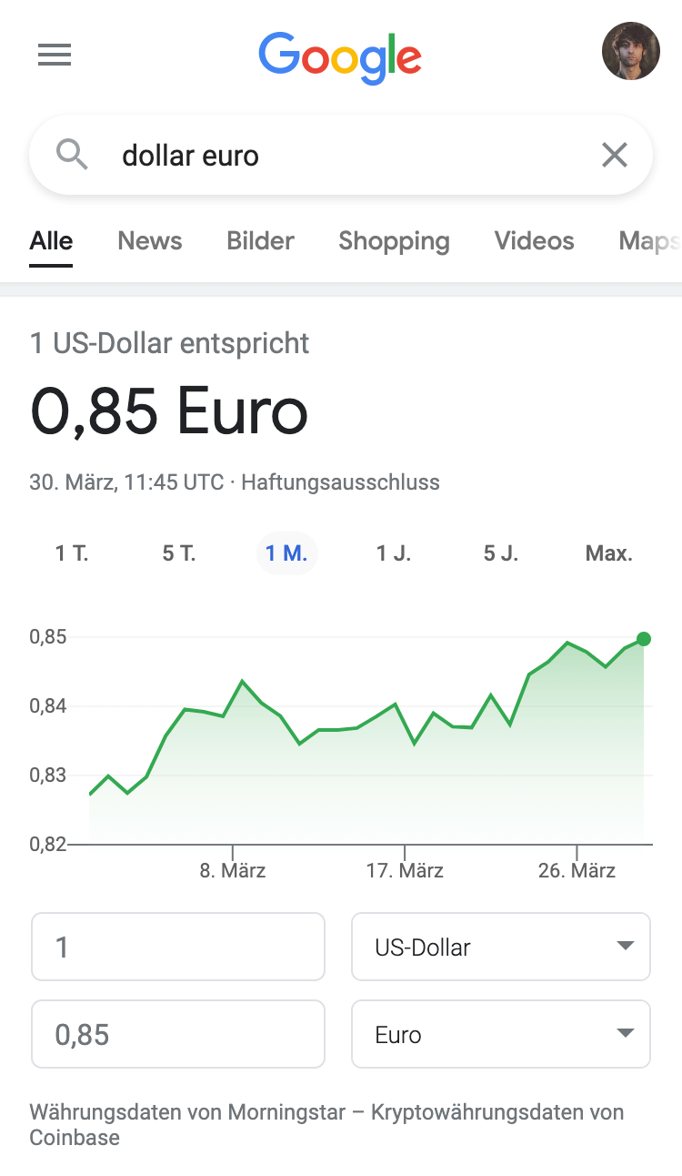 Suchergebnisseite für das Keyword "dollar euro. Zeigt den Wechselkurs für USD-EUR an.