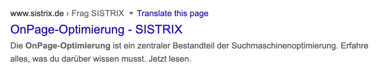 Zeigt den Google-Treffer für die Seite mit dem Title "OnPage-Optimierung - SISTRIX" an. 