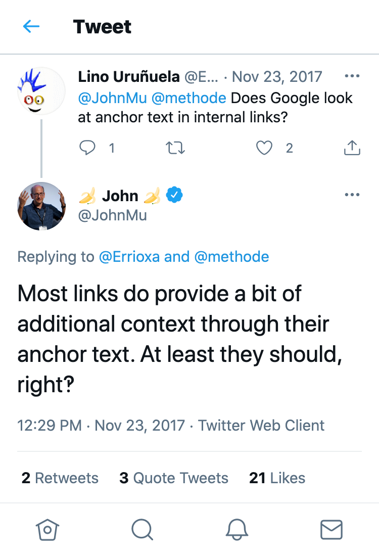 Mostra un tweet di Lino Uruñuela. Lino Uruñuela chiede a John Mueller se Google esamina i testi di ancoraggio dei link interni. La risposta di John Mueller è: "La maggior parte dei link fornisce un piccolo contesto aggiuntivo attraverso il testo di ancoraggio. Almeno dovrebbero, giusto".