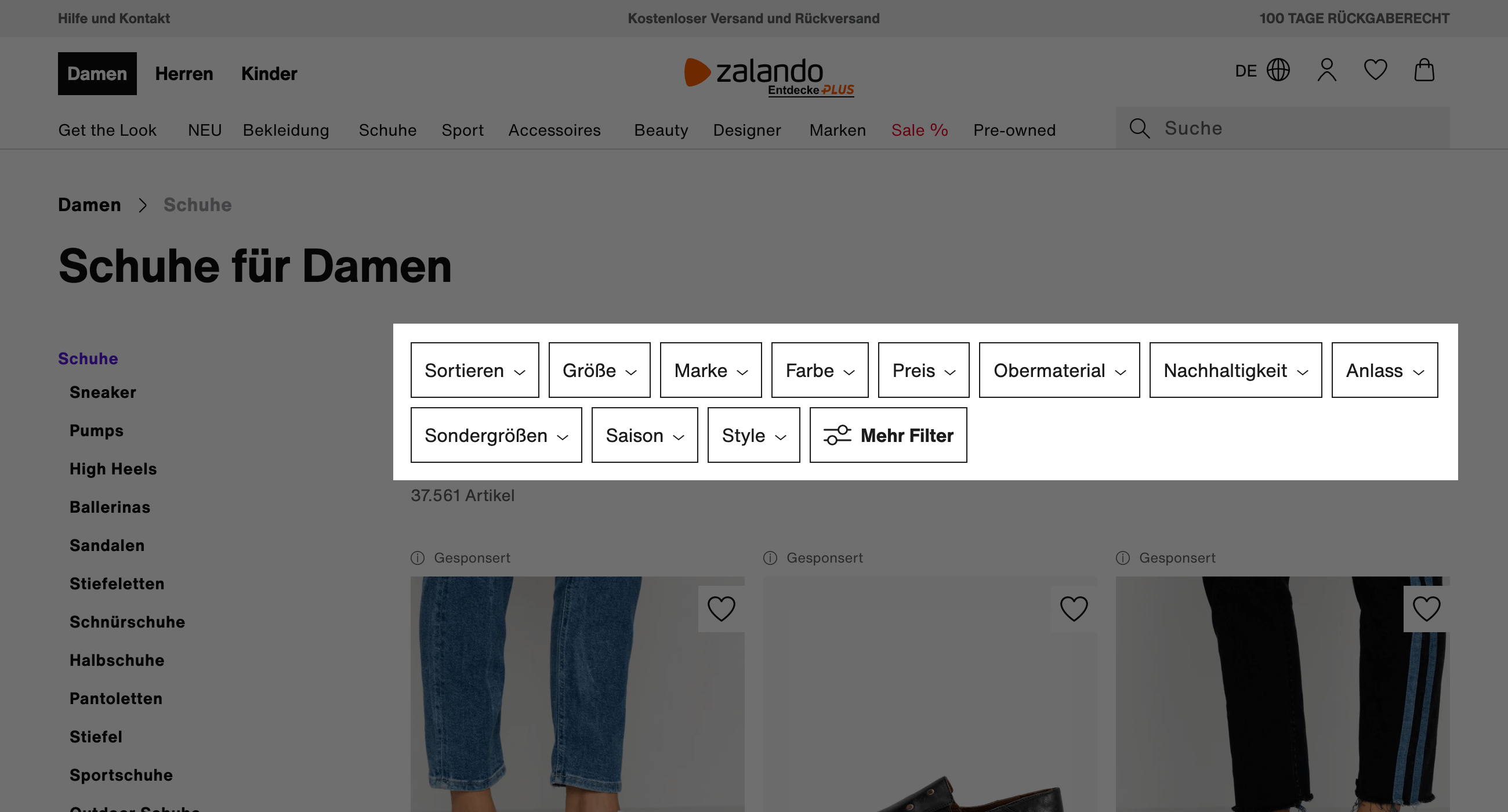 Filterfunktion auf der Damenschuhe-Seite von Zalando.