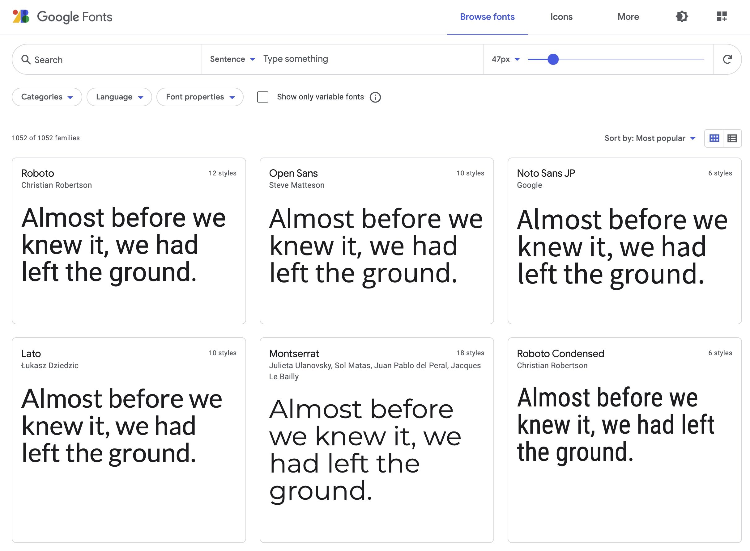 Zeigt die Google Fonts Webseite an. Auf der Seite sind Vorschauen von verschiedenen WebFonts sehen.