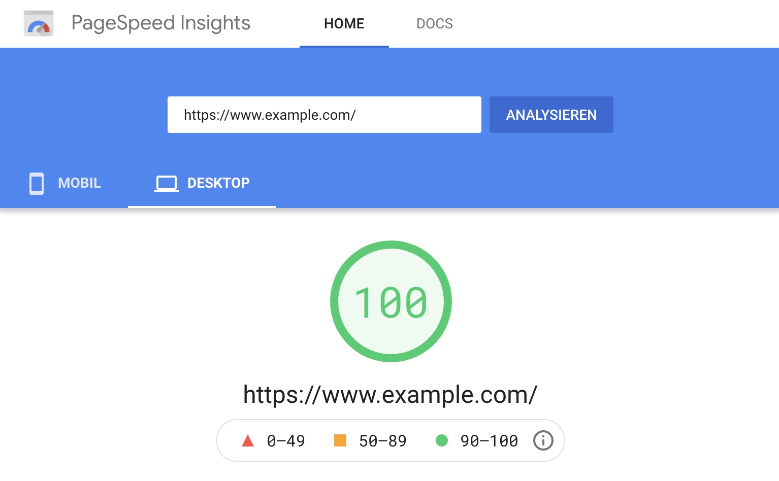 PageSpeed Insights der Domain example.com. Der PageSpeed Score ist hier 100.