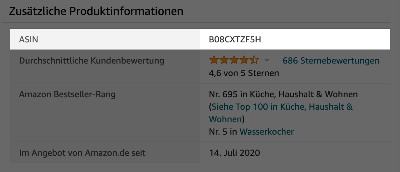 Beispiel einer ASIN-Nummer in den Produktinformationen eines Amazon-Produkts.