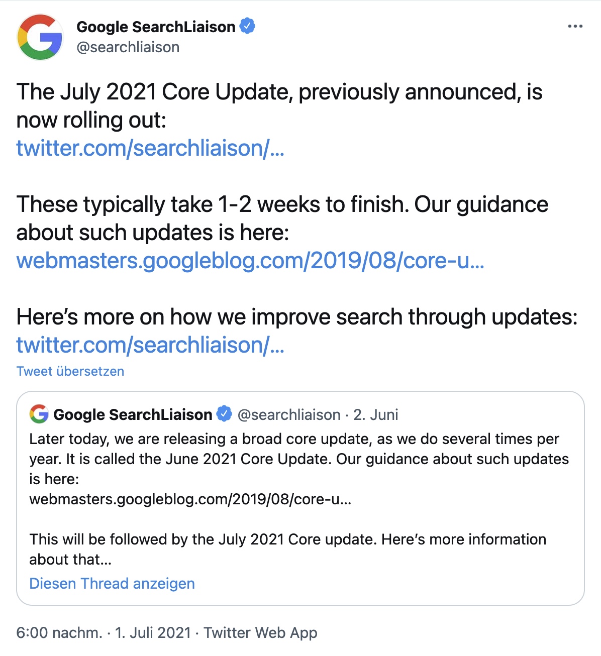 The July 2021 Core Update, previously announced, is now rolling out. 
These typically take 1-2 weeks to finish. Our guidance about such updates is here
Here’s more on how we improve search through updates