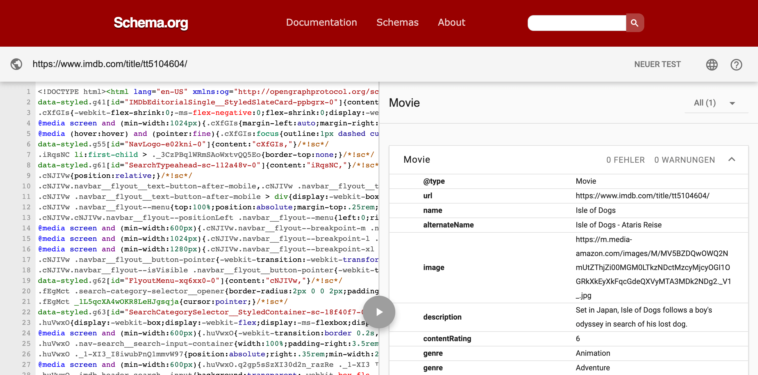 Structured Data Test Tool auf schema.org