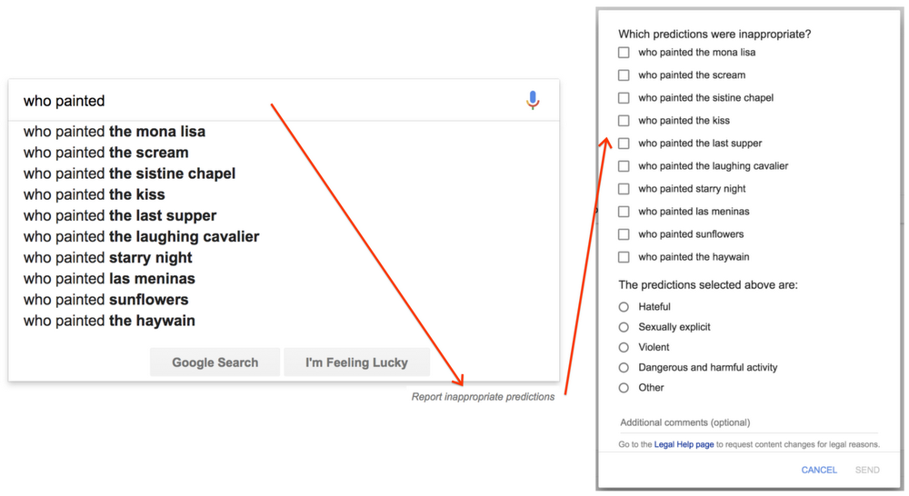 Zeigt die Google Suggest-Vorschläge und die "Unangemessene Vervollständigungen melden"-Box an.