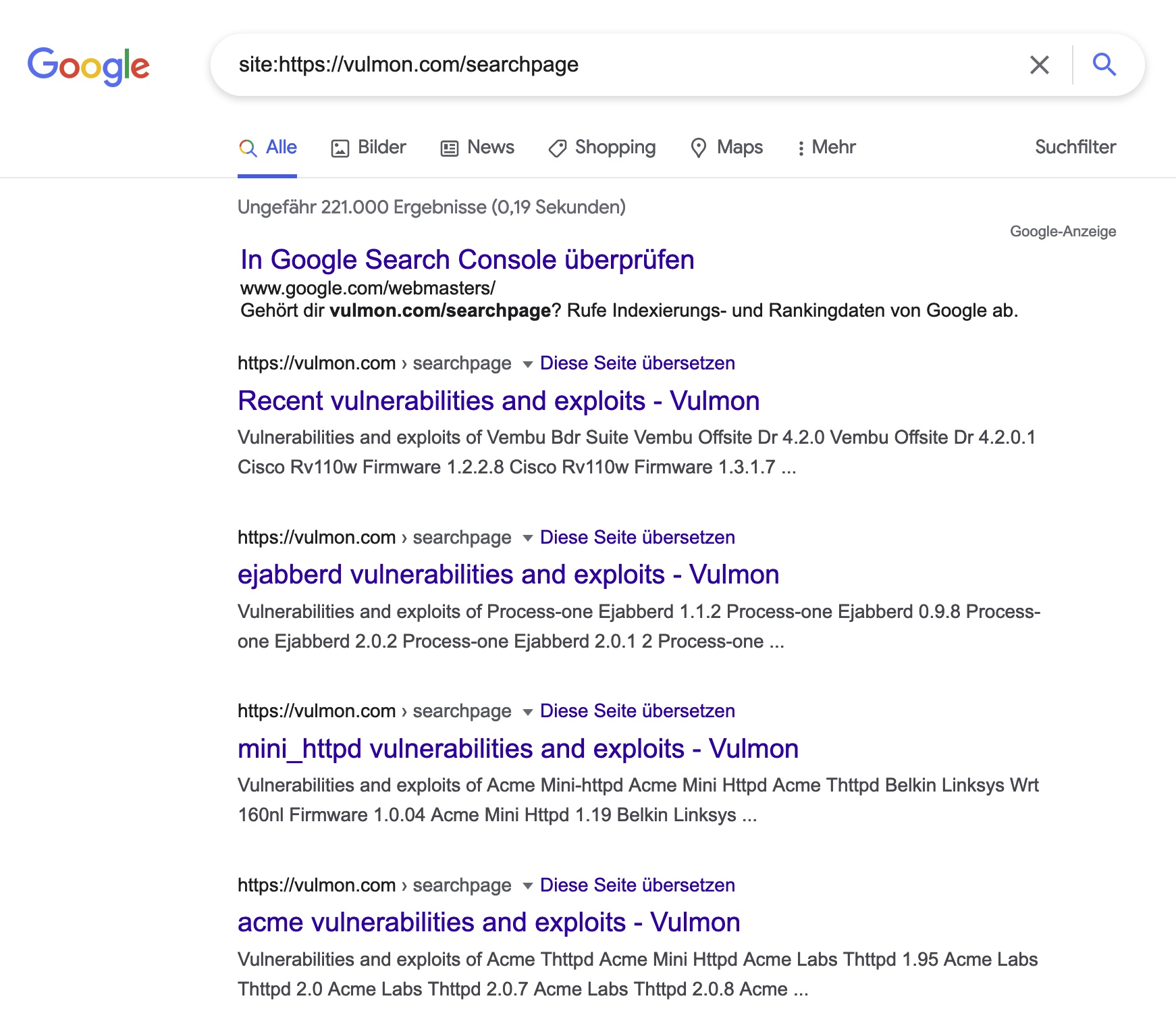 Anzahl indexierter Seiten bei Google von vulmon.com