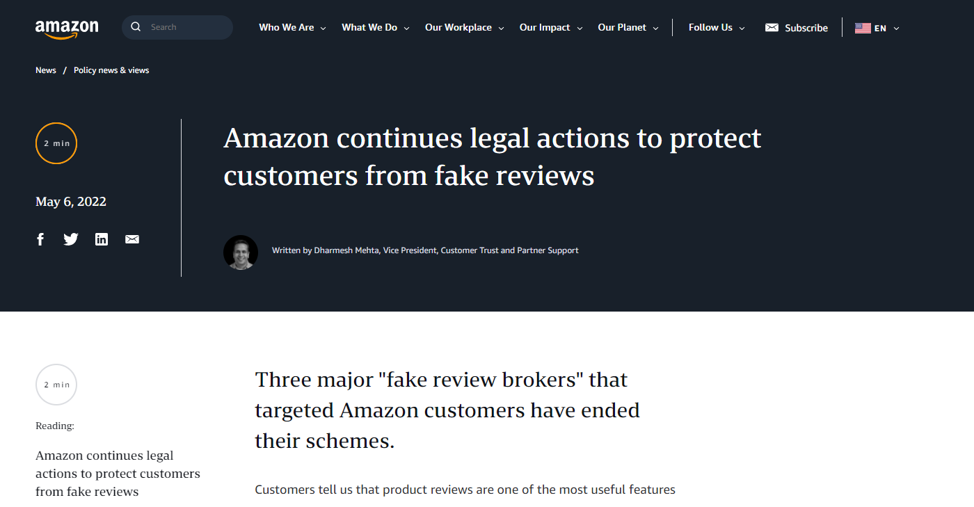 Amazon continues legal actions to protect customers from fake reviews