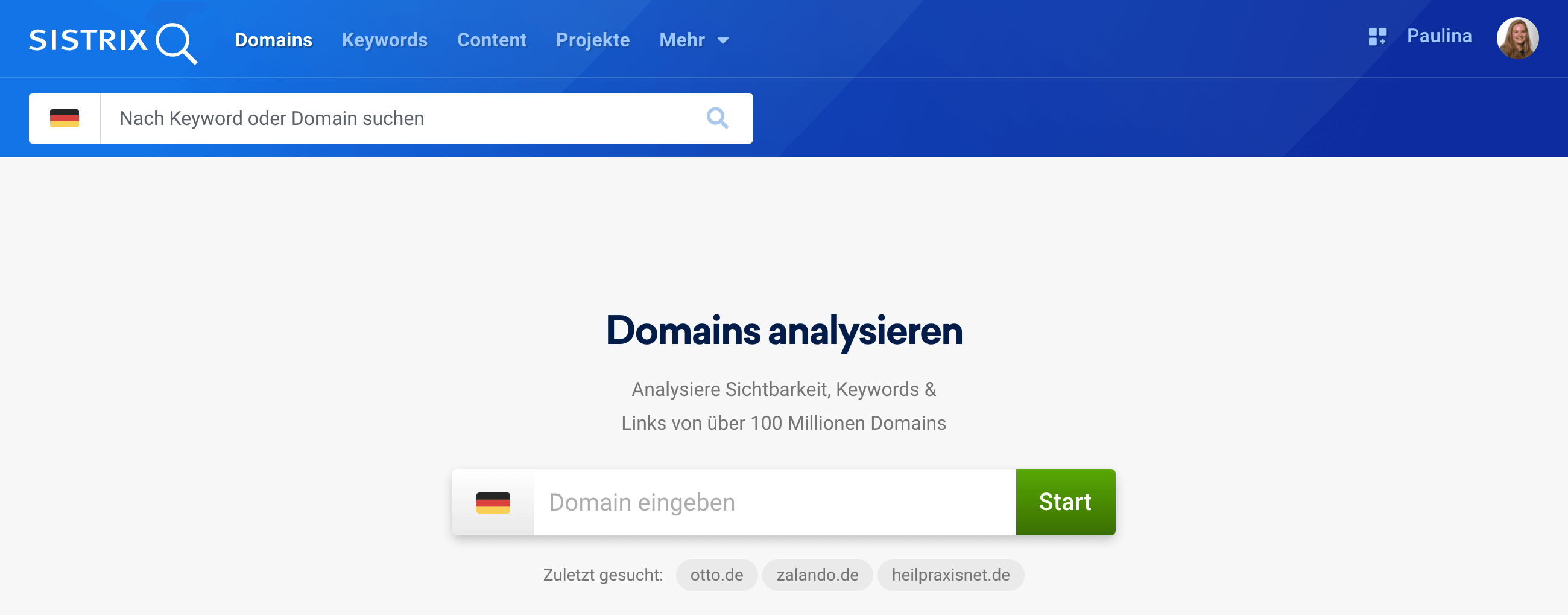 Die Startseite des Menüpunkts Domains in der SISTRIX Toolbox.