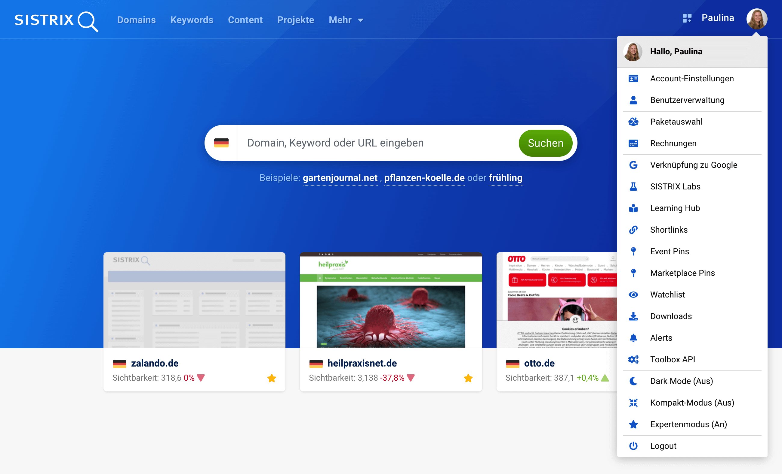 Mit Klick auf das eigene Profilbild oben rechts in der SISTRIX Toolbox öffnen sich zahlreiche Menüpunkte, die die Accounteinstellungen betreffen.