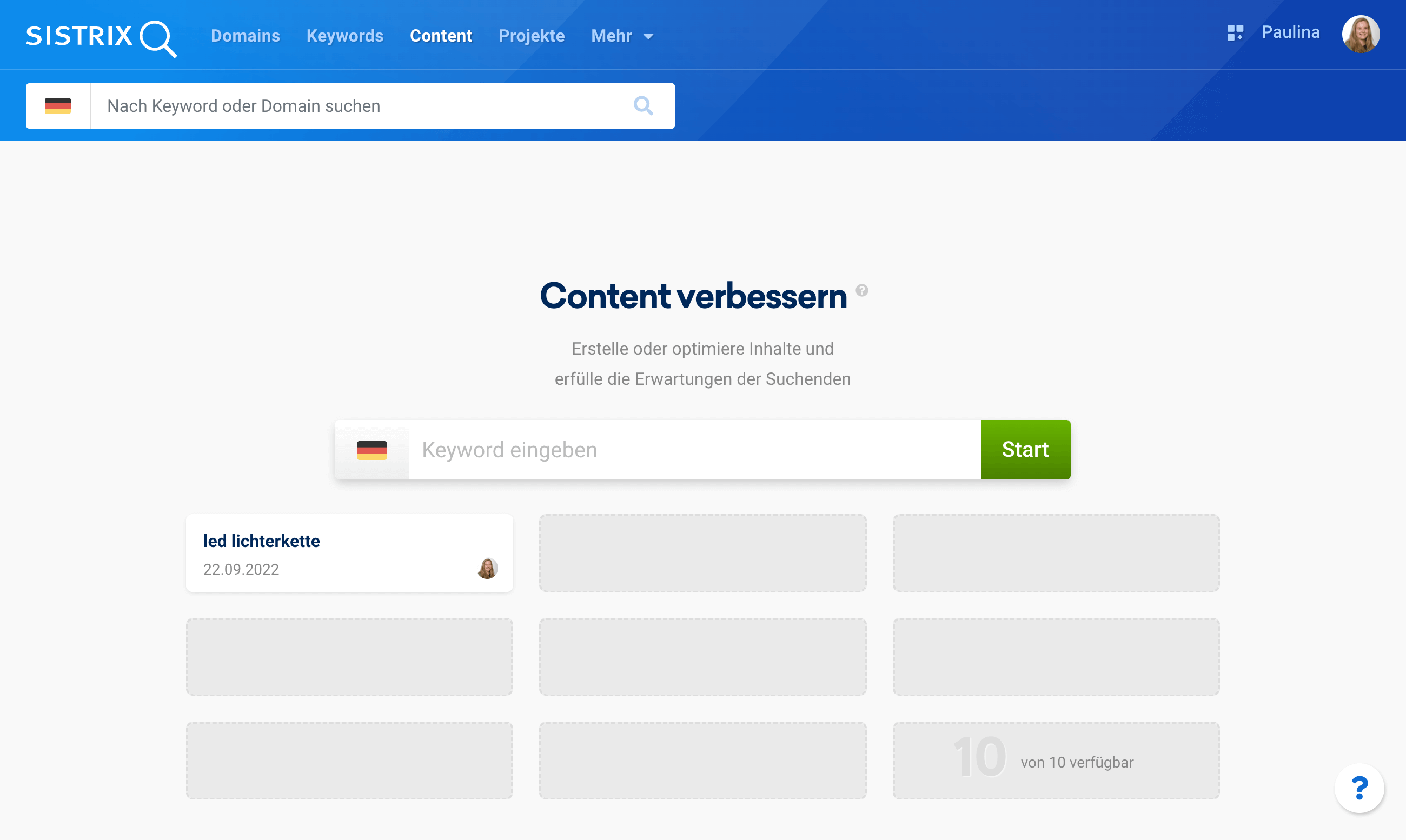 Die Startseite des Menüpunkts "Content" in der SISTRIX Toolbox.