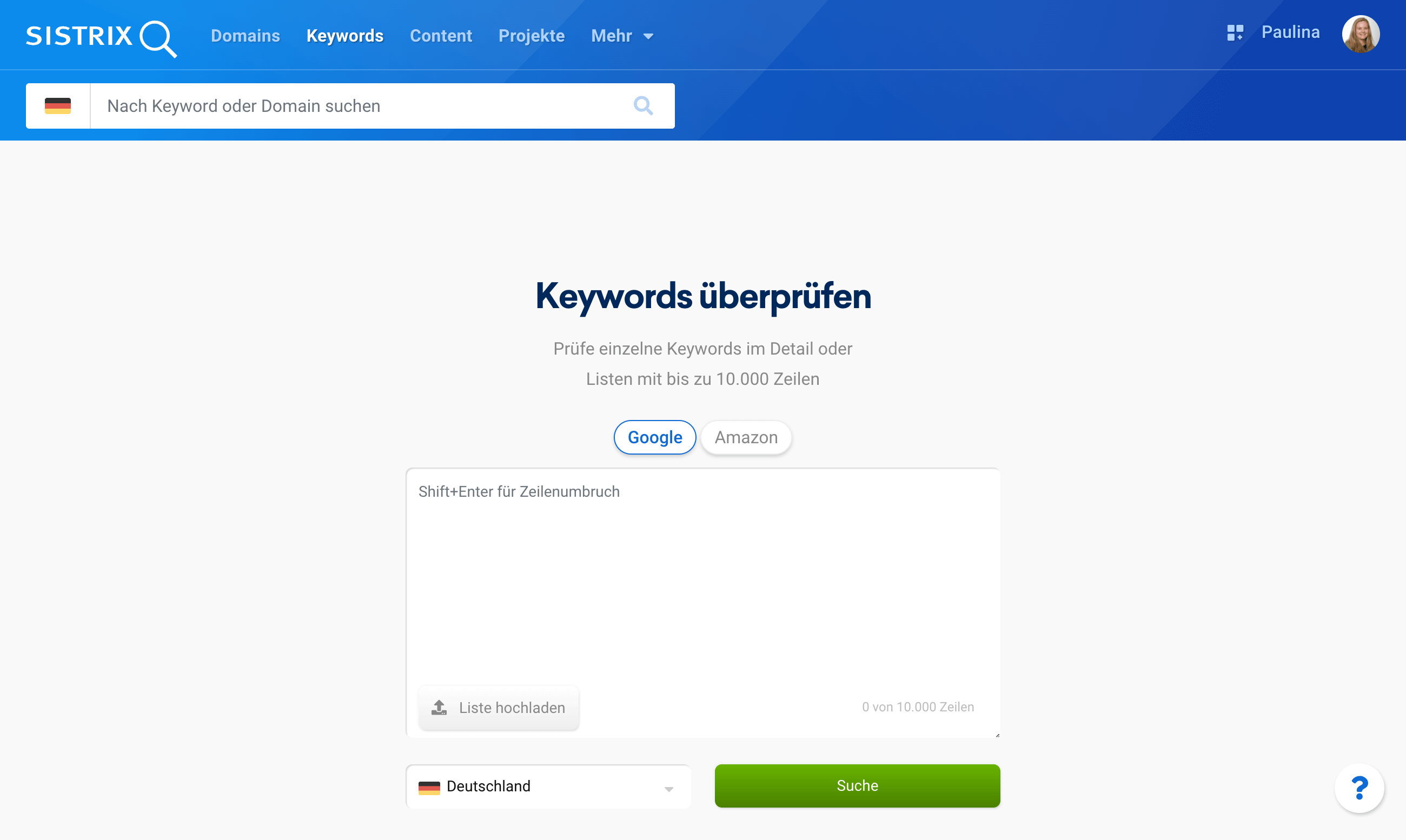 Die Startseite des Menüpunkts Keywords in der SISTRIX Toolbox.