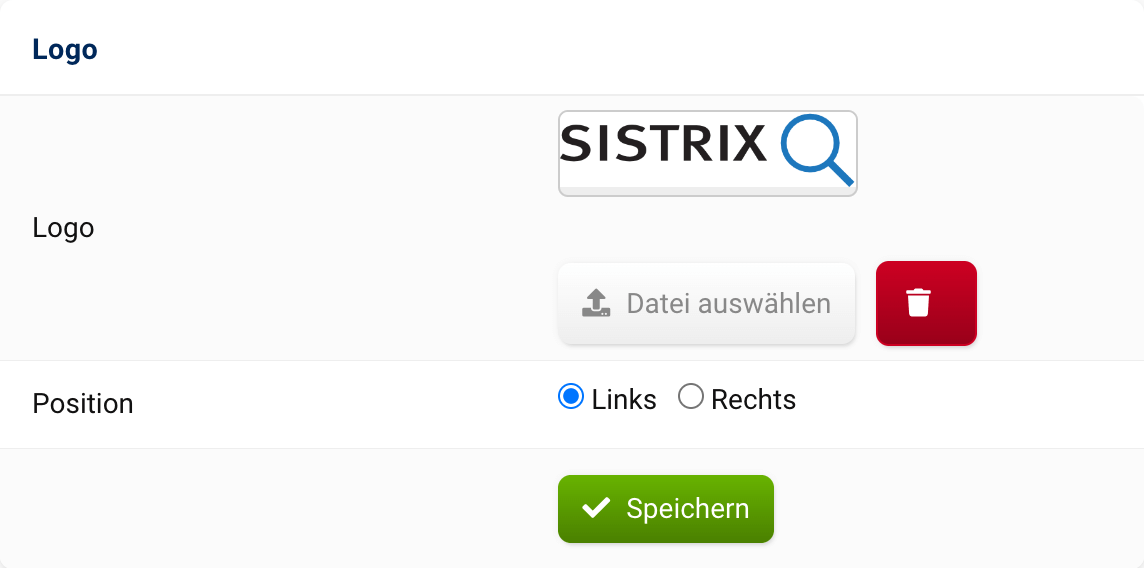 Eine Logo-Datei kann hochgeladen werden und die Position zwischen links oder rechts festgelegt werden.