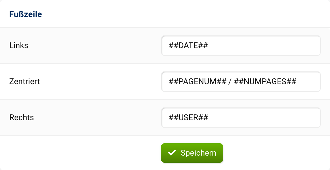 In der Fußzeile können Texte für die linke Seite, die Mitte und/oder die rechte Seite definiert werden. Auch mit Platzhaltern wie dem Datum oder der Seitenzahl kann gearbeitet werden.