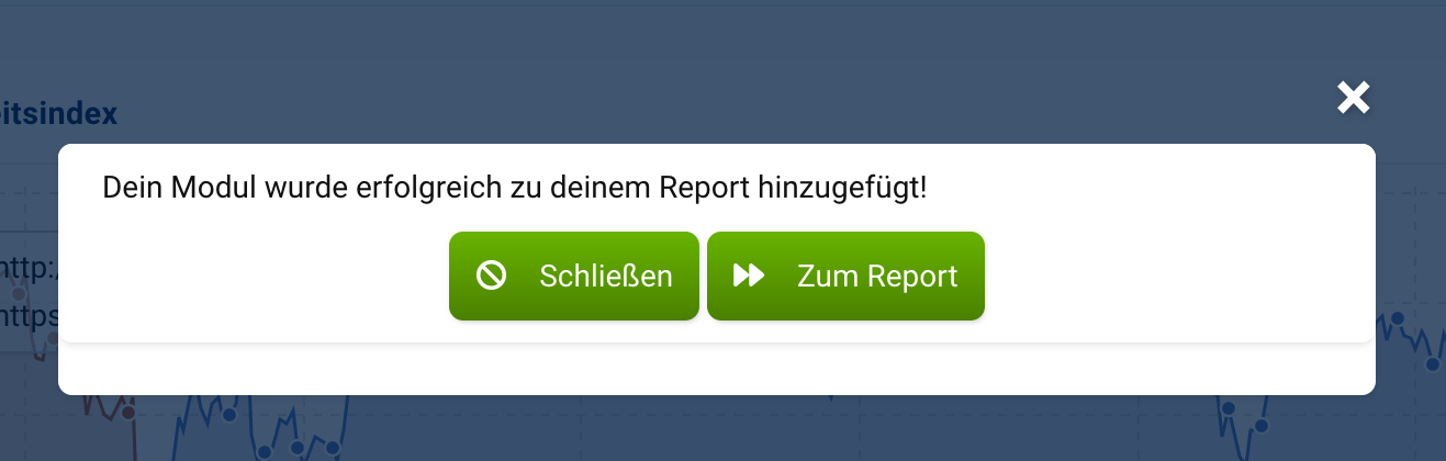 Es erscheint der Hinweis, dass das Modul dem Report hinzugefügt wurde, außerdem ein Button, über den wir direkt zum neu erstellten Report gelangen