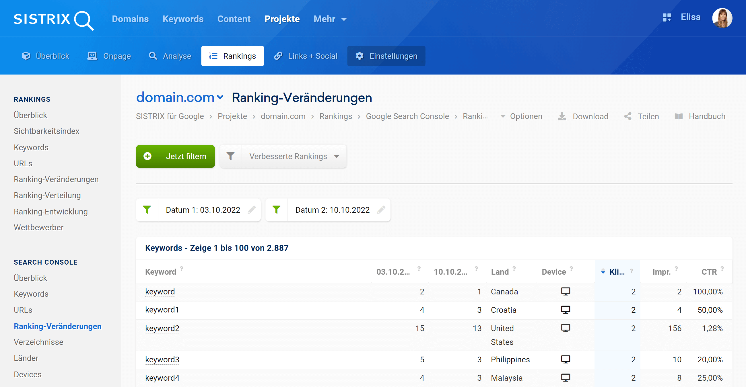 Im Abschnitt "Ranking-Veränderungen" kannst du alle Änderungen an den Keyword-Positionen deiner Website zwischen zwei verschiedenen Daten sehen.