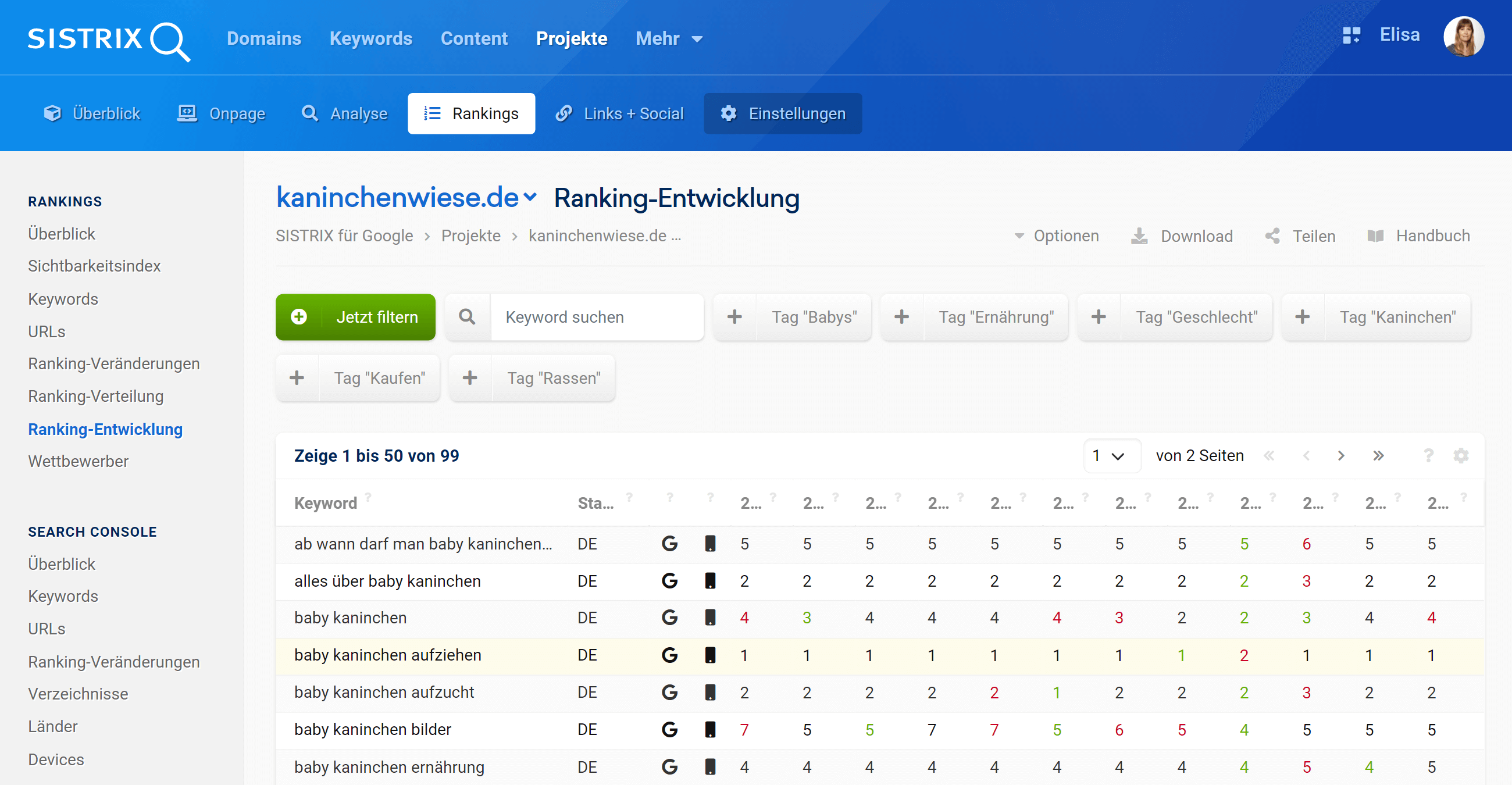 Der Bereich Ranking Entwicklung in dem SISTRIX Optimizer