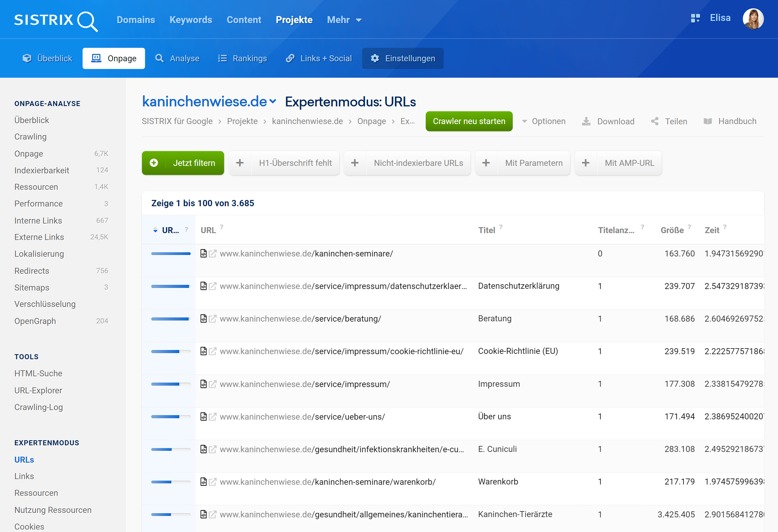 Der Expertenmodus erlaubt es dir, ein tiefes Verständnis über die technische Webseitenarchitektur deines Projekts zu gewinnen.