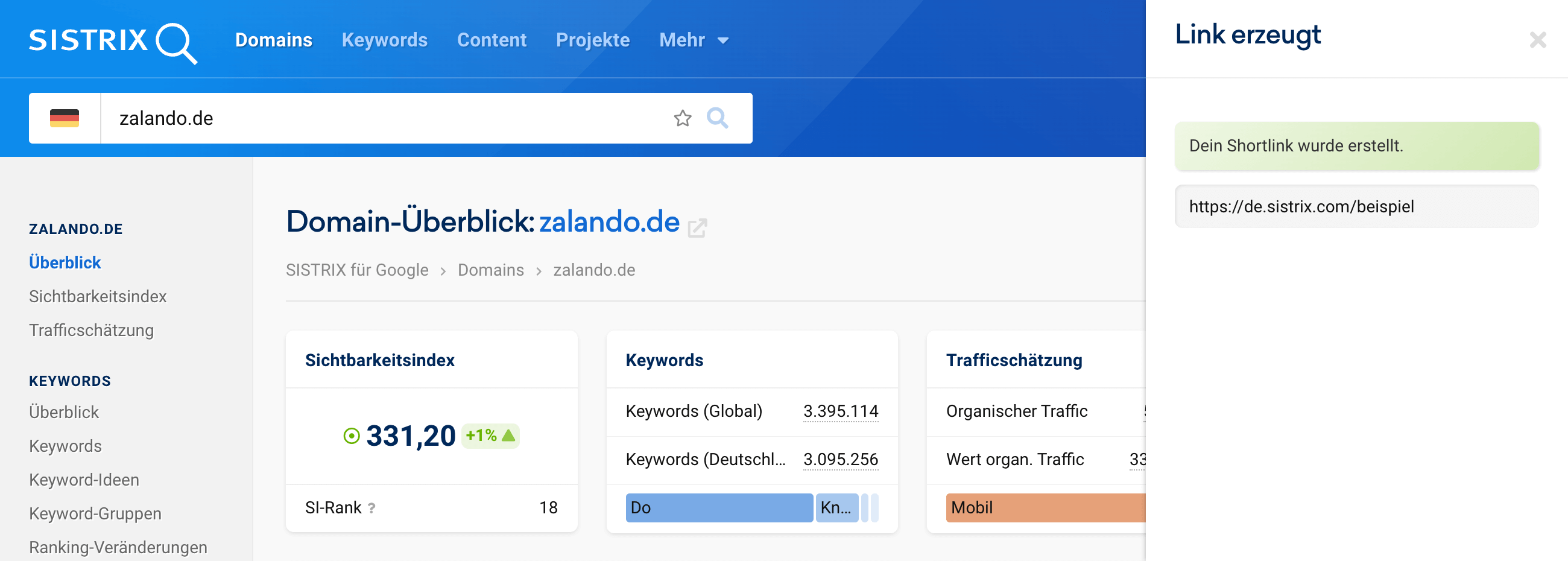 Wurde bestätigt, dass ein Shortlink erstellt werden soll, öffnet sich ein Fenster mit dem erstellten Link, der dann von hier aus kopiert und geteilt werden kann.