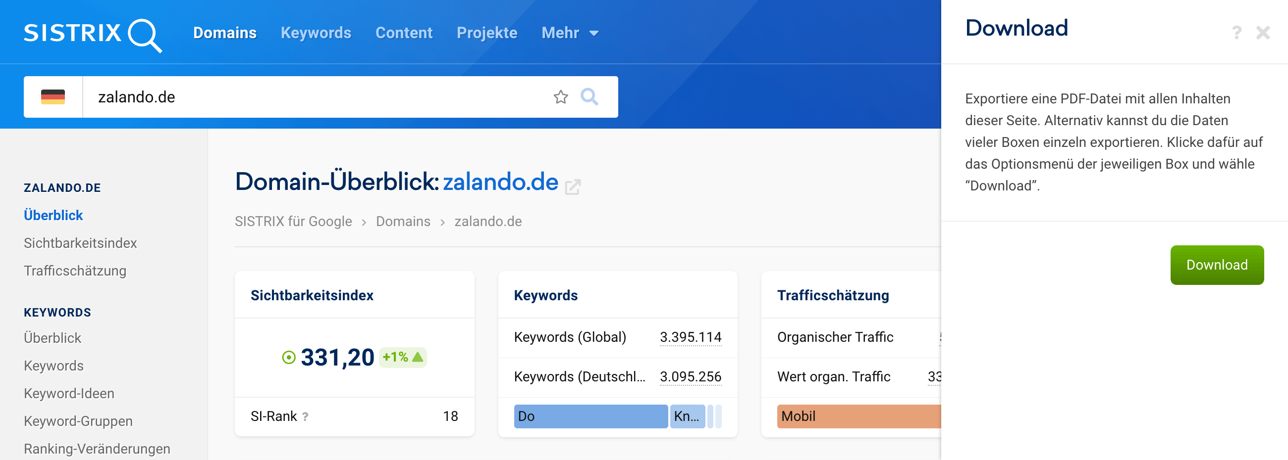 Nach Klick auf den Download-Button öffnet sich ein Fenster mit einem erneuen Button, über den der PDF-Download gestartet werden kann.