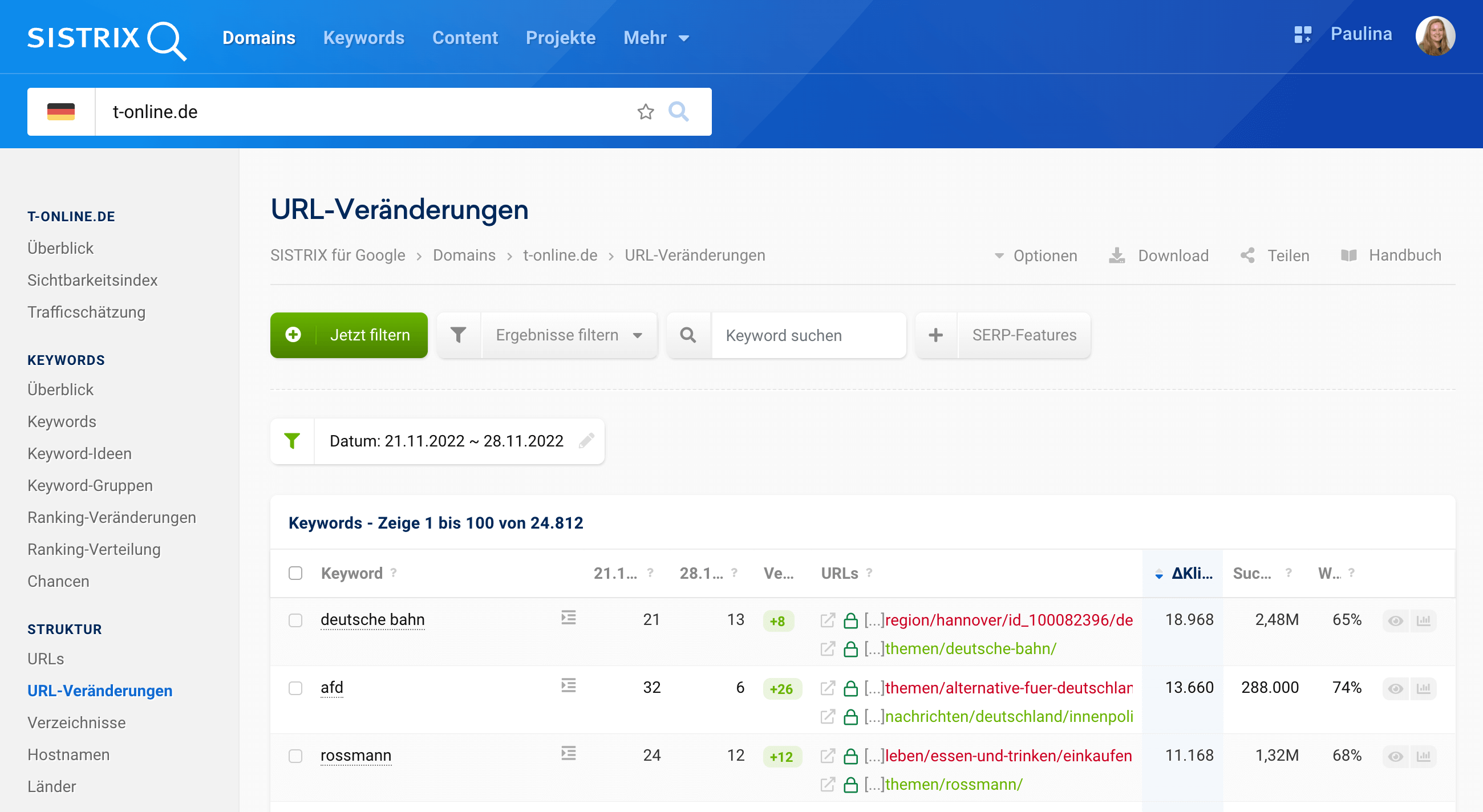 Ansicht der URL-Veränderungen Ansicht in SISTRIX für die Domain t-online.de für die Änderungen vom 21.11.2022 auf den 28.11.2022. In der Tabelle werden die Keywords gezeigt, bei denen die Domain an den beiden Zeitpunkten ein Ranking hatte, jedoch mit unterschiedlichen URLs.