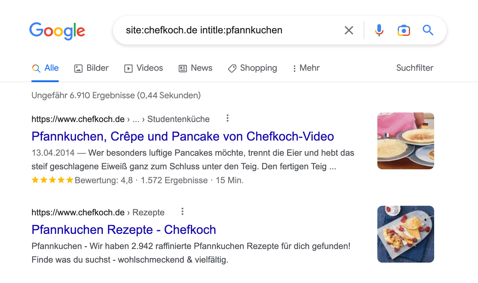 Google Suchergebnis für die Anfrage site:chefkoch.de intitle:pfannkuchen: Es werden ungefähr 6.910 Ergebnisse angezeigt.