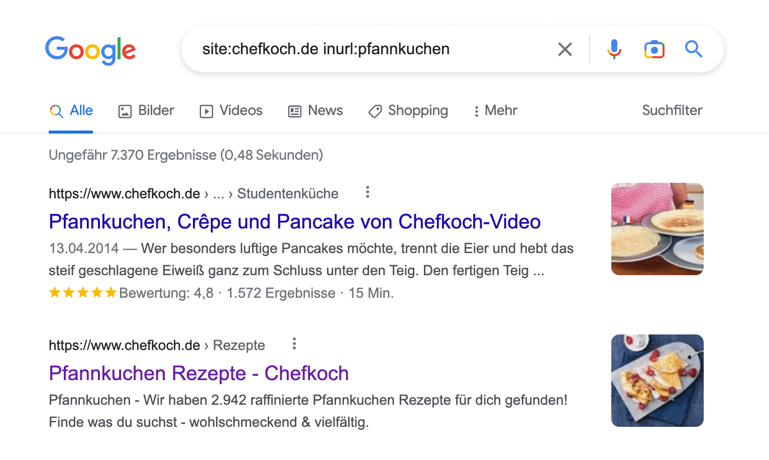 Google Suchergebnis für die Anfrage site:chefkoch.de inurl:pfannkuchen: es werden ungefähr 7.370 Ergebnisse angezeigt.