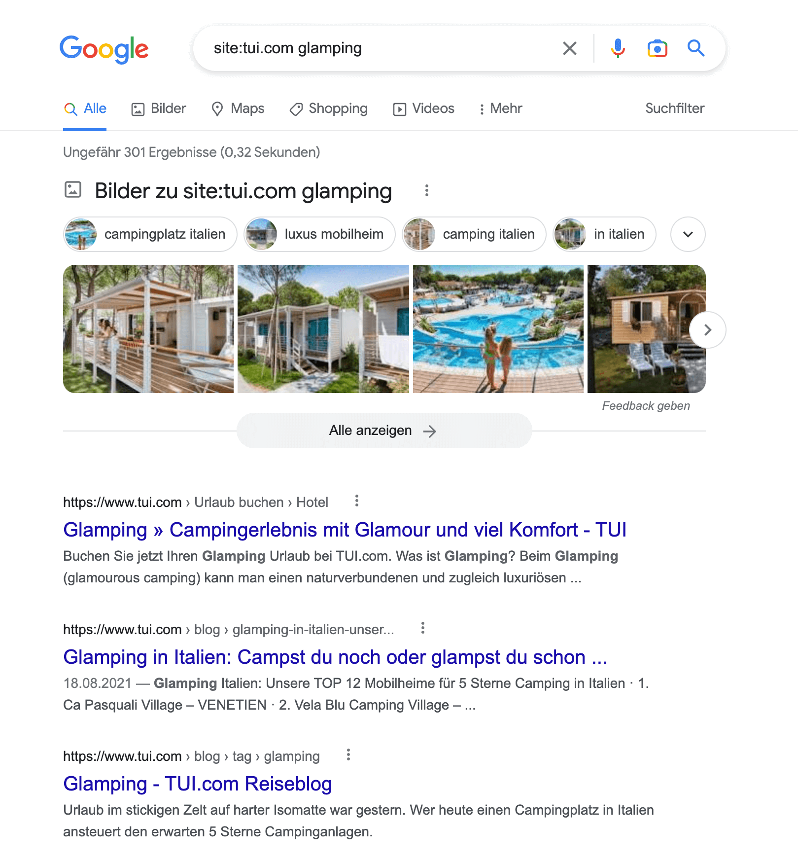 Google Suchergebnisseite für die Anfrage site:tui.com glamping. Es werden verschiedene Unterseiten auf Tui.com angezeigt. Manche sind Kategorieseiten, andere Informationsseiten, wieder andere Produktseiten.