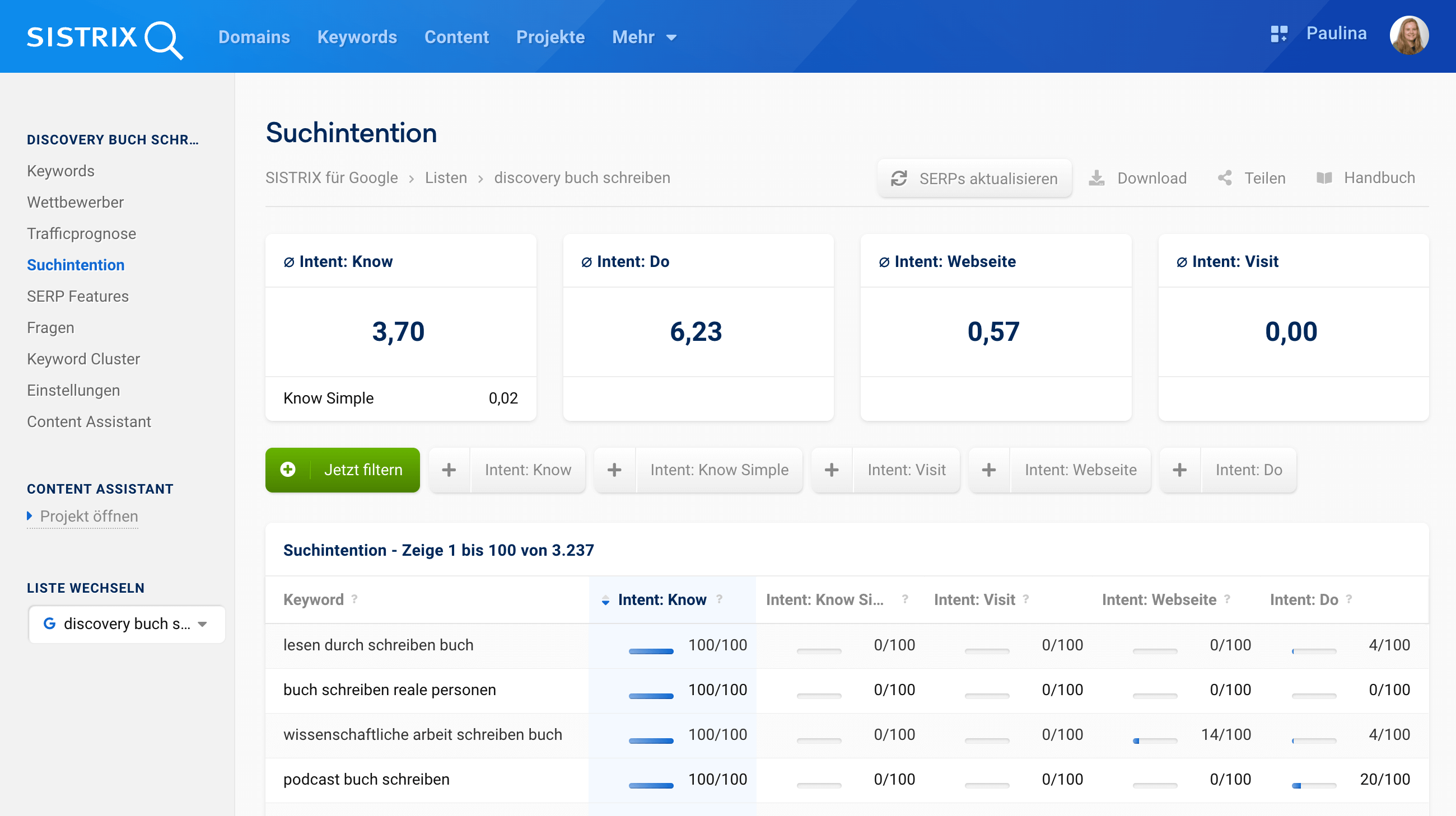 Die Übersichtsseite der Suchintention-Analysemöglichkeit von Listen in SISTRIX. 