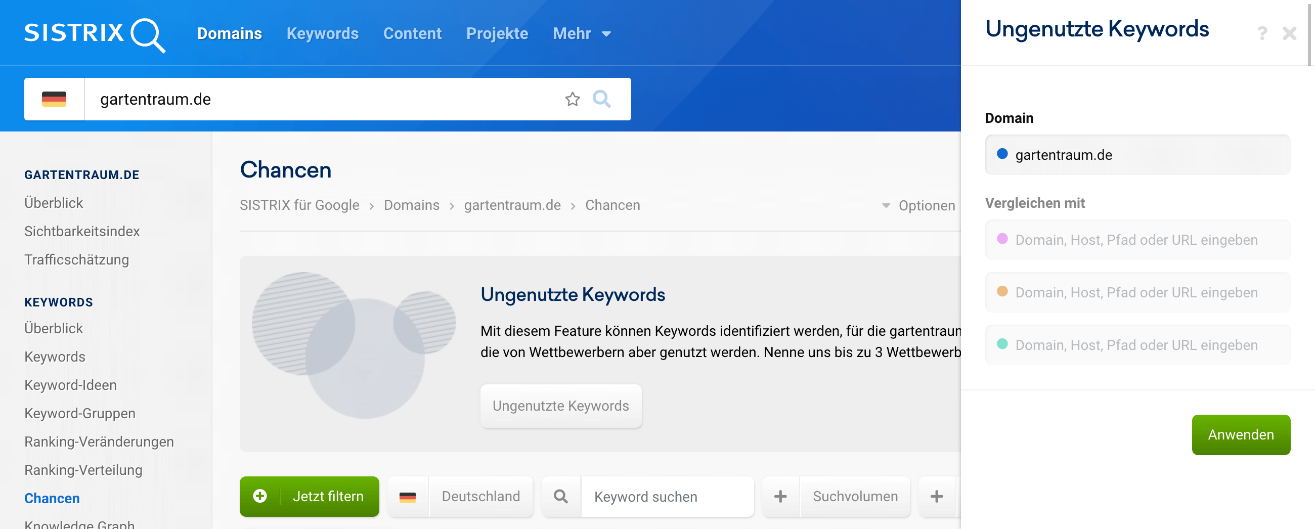 Auswahl für die Funktion "Ungenutzte Keywords". Hier können bis zu 3 Wettbewerber-Domains eingegeben werden.