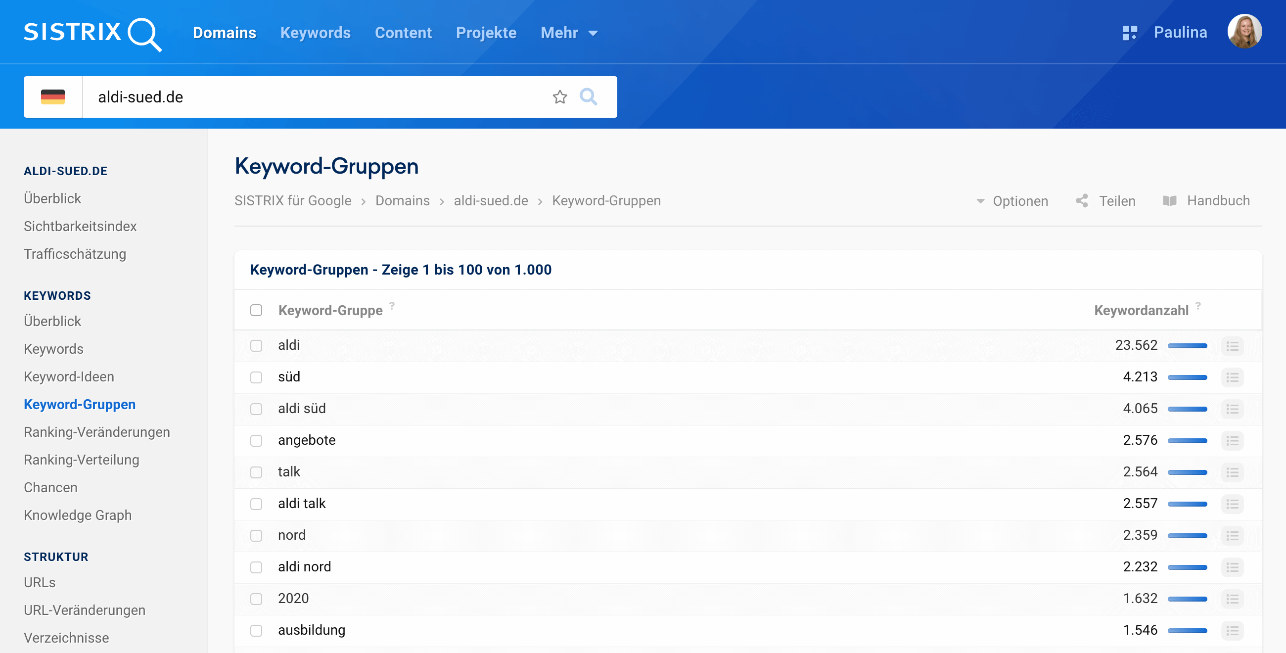Die Keyword-Gruppen der Domain aldi-sued.de. 