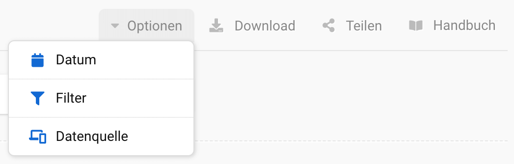 Optionen in der Navigation rechts oberhalb der Tabelle. Es gibt die Optionen Datum, Filter, Datenquelle sowie Download, Teilen und Handbuch.