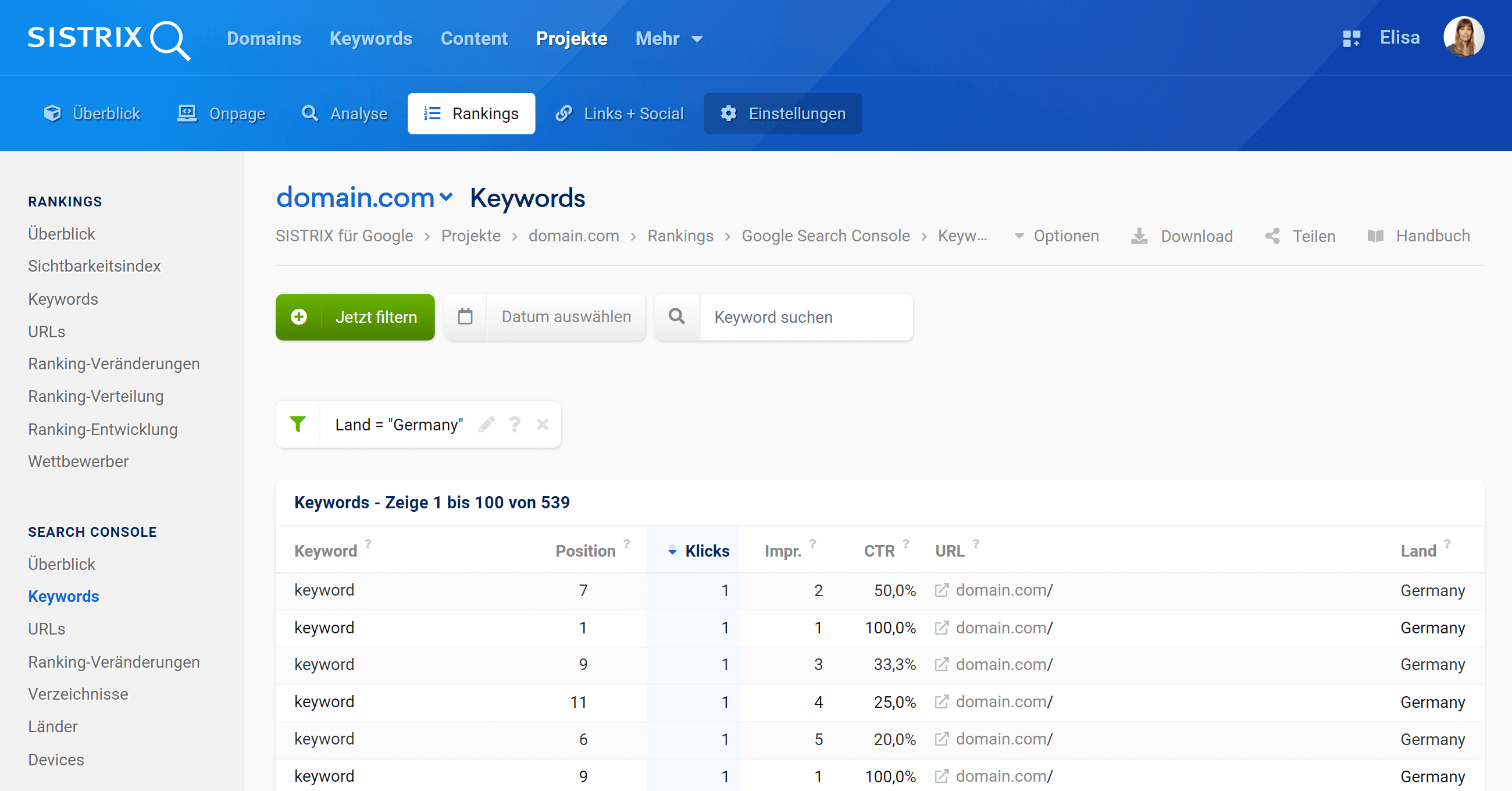 Der Abschnitt Keywords im Menü der Search Console des Optimizer-Projekts zeigt alle wichtigen Daten an einer Stelle an.