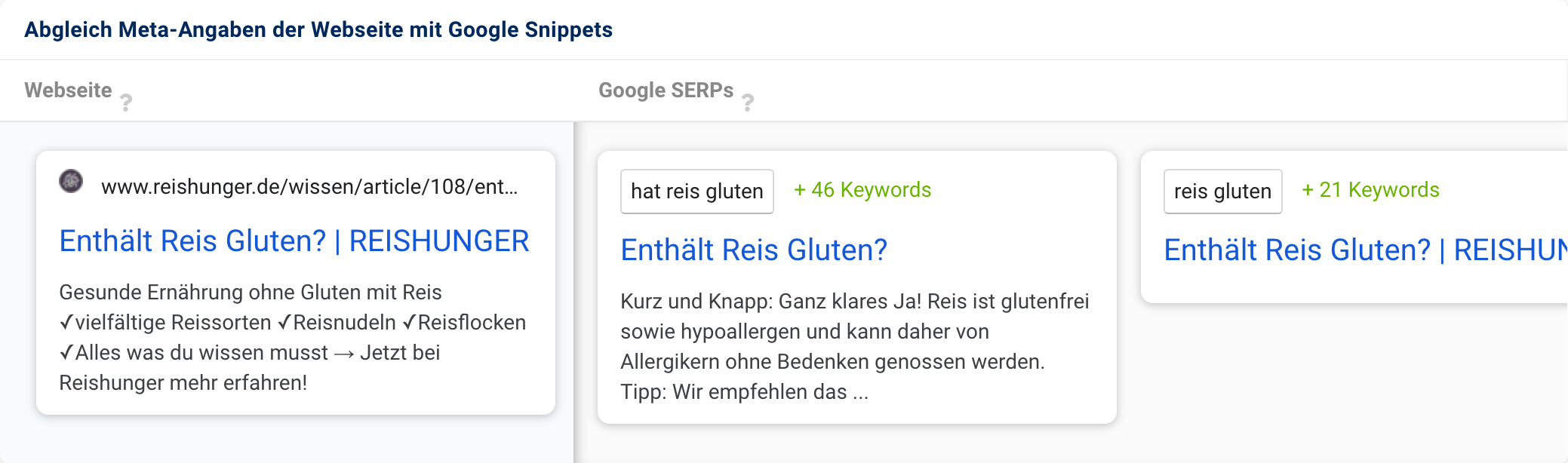 Google verwendet einen Textausschnitt des Artikels der Domain reishunger.de statt die von den Betreibern erstellte Description zu nutzen. So entsteht eine falsche Antwort auf die Frage der Überschrift.