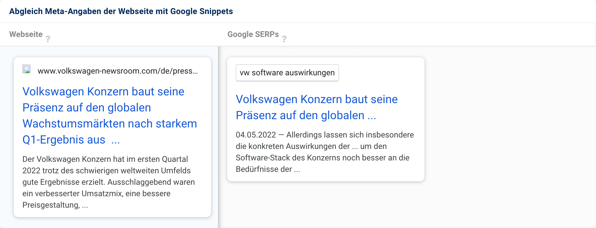 Die Domain volkswagen-newsroom.com hat eine sehr lange Überschrift sowie sehr lange Meta Description bereitgestellt. Google hat beides an verschiedenen Stellen mit ... gekürzt, sodass das Snippet nun wenig aussagekräftig für Nutzende ist.