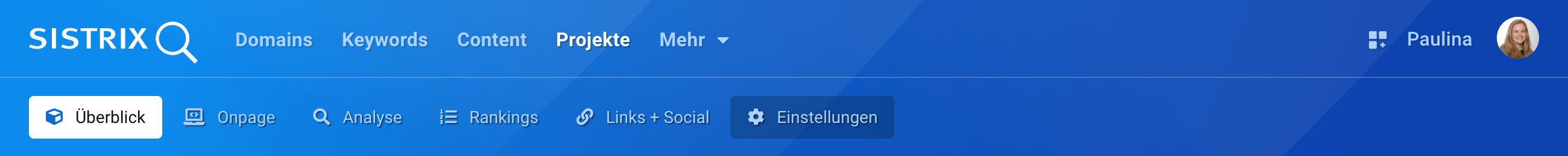 Die Navigationsleiste für Projekte beinhaltet die Buttons Überblick, Onpage, Analyse, Rankings, Links + Social sowie Einstellungen.