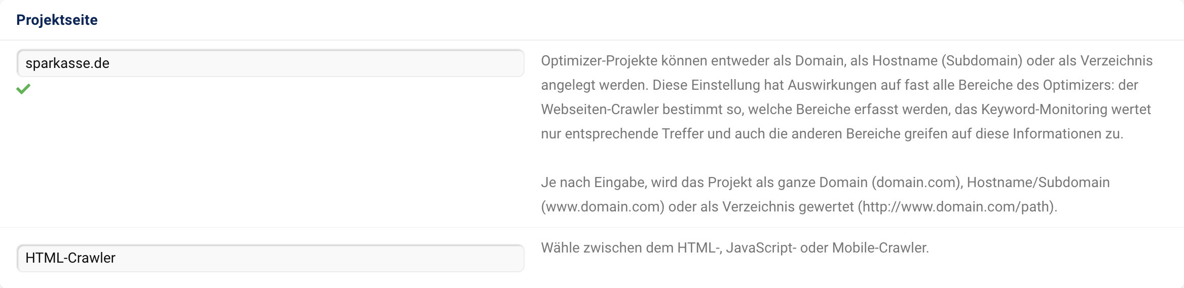 Eingabe der Projektseite. In diesem Fall ist sparkasse.de eingegeben.