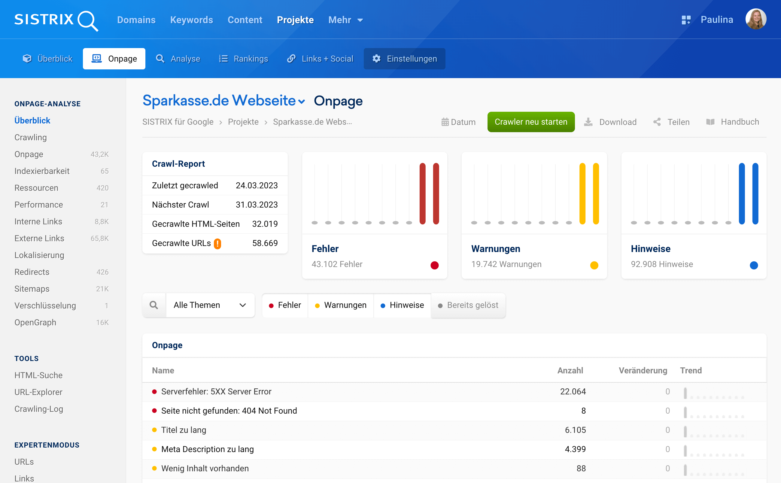 Der Onpage-Überblick unseres Beispiel-Projekts zur Domain sparkasse.de.