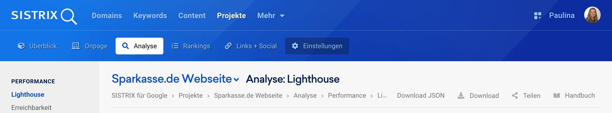 JSON Download der Lighthouse Analyse in SISTRIX