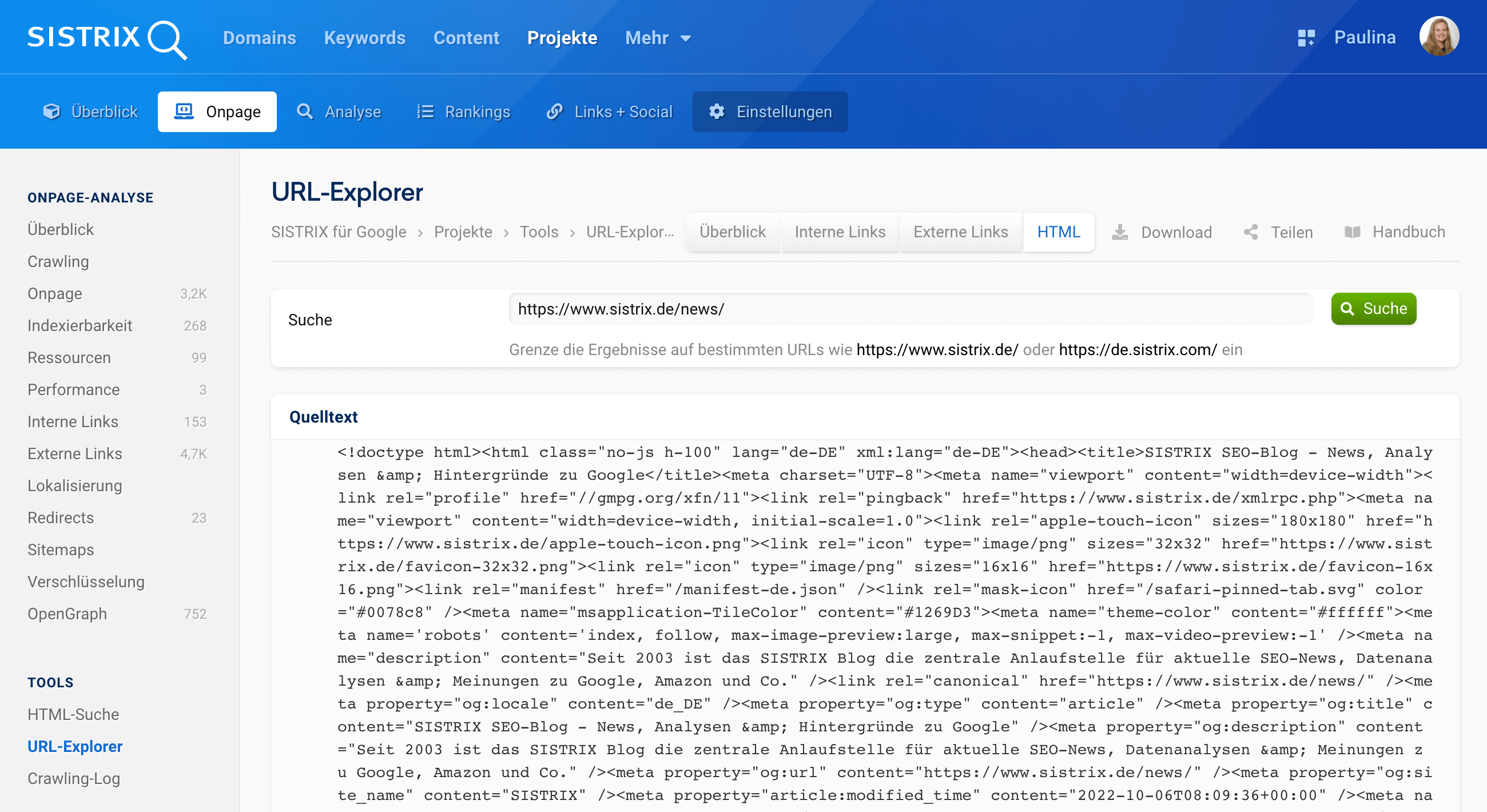 Der Quelltext zu https://www.sistrix.de/news/ im html-Bereich des Onpage-Projekts in SISTRIX.