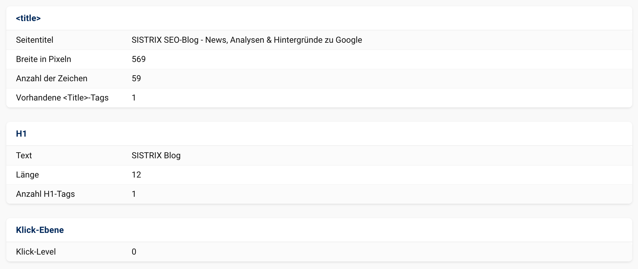 Die Blöcke title, H1 und Klick-Ebene mit Onpage-Daten zur eingegebenen URL in SISTRIX.