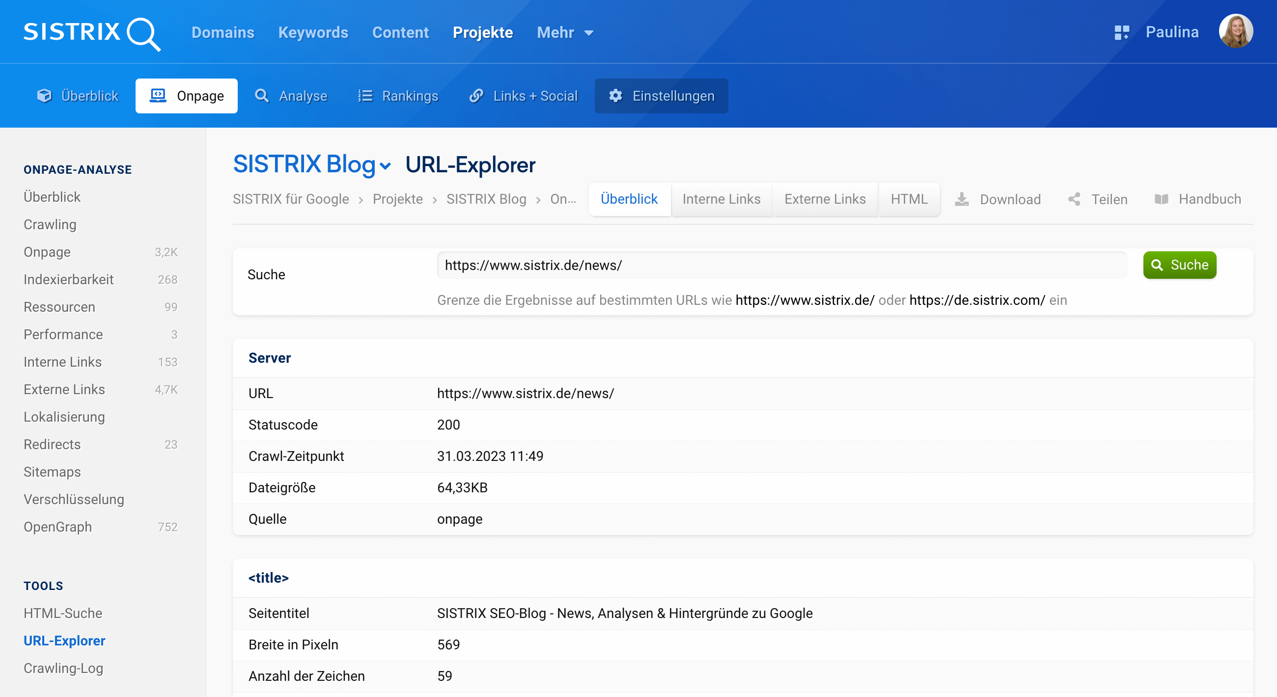 Die Onpage Daten zur Beispiel-URL https://www.sistrix.de/news.