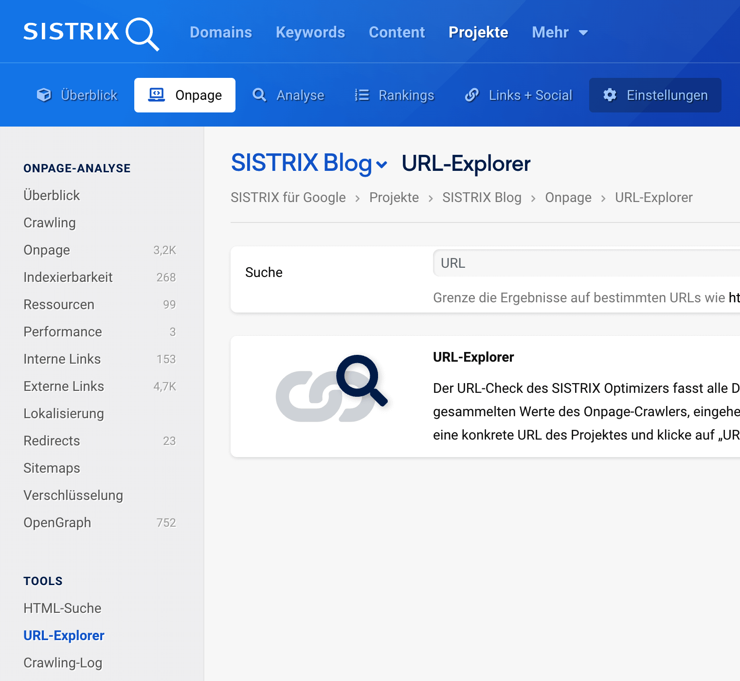 Navigation zum URL-Explorer in SISTRIX